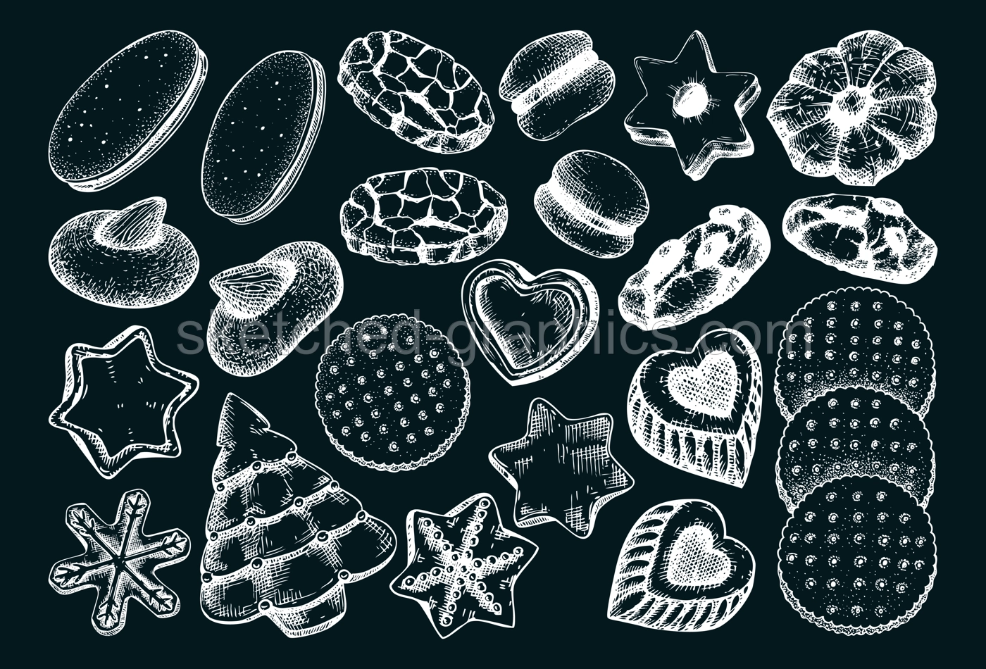 Vector collection of popular cookies in hand drawn sketch style. Cookies with almond, chocolate, icing, jam Isolated on chalkboard. Italian cookies, crackers, chips illustrations  Illustration